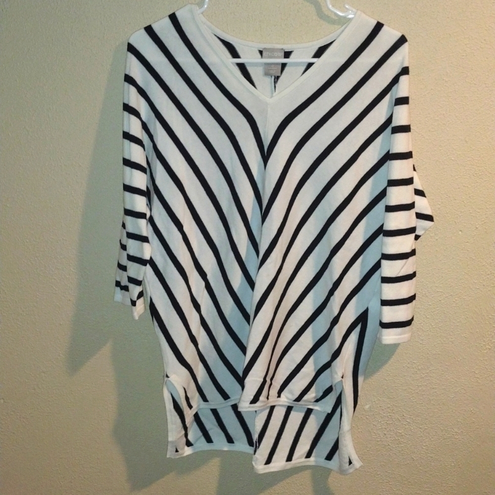 White and Navy Striped Lightweight Cotton Blend Long Line Sweater S